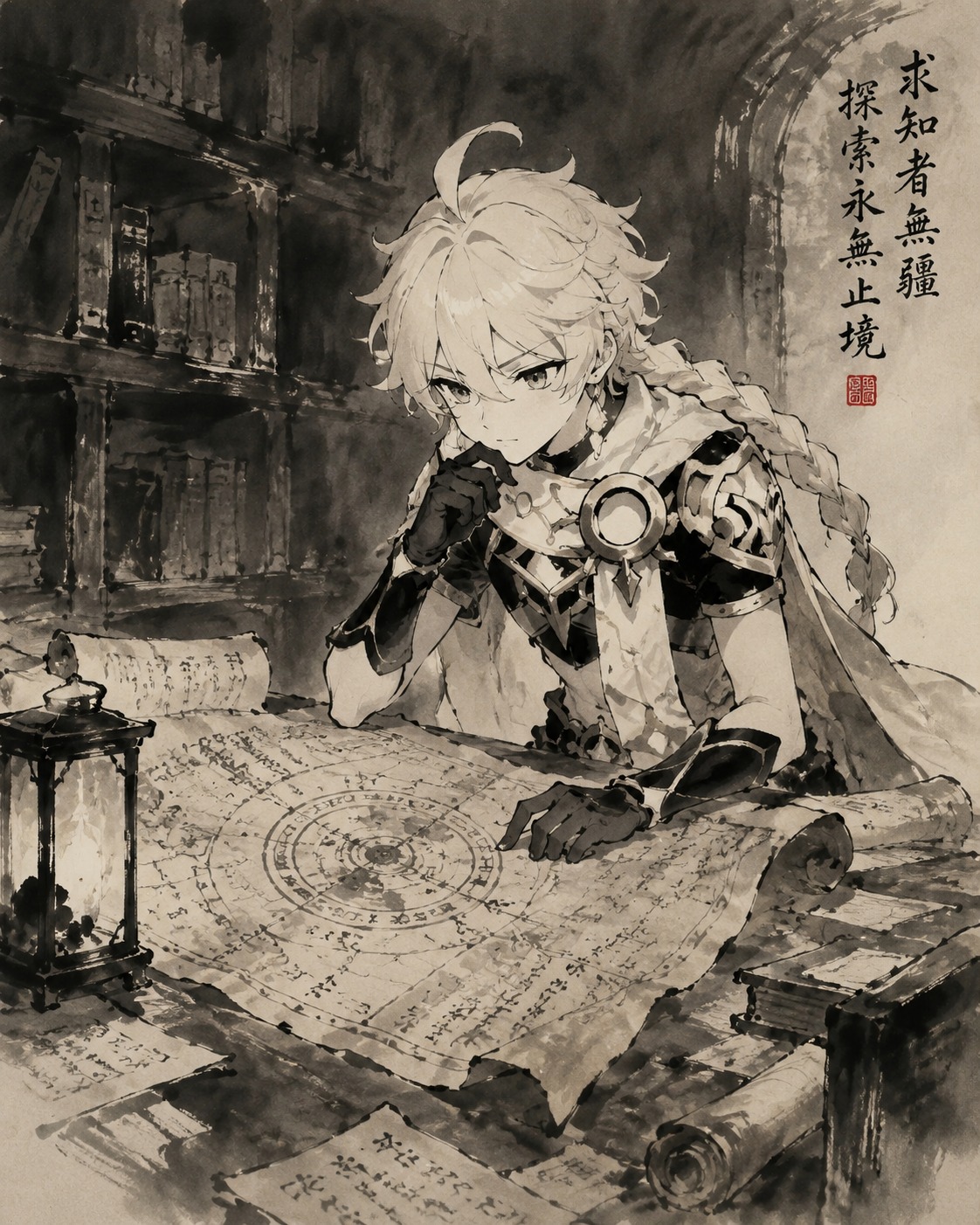 Deciphering a mysterious ancient map In a dimly lit library basement (minimalist ink wash, traditional sumi-e style)