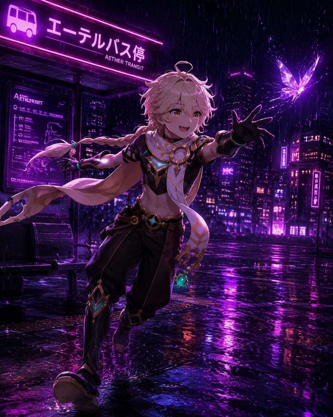 Laughing while chasing a crystalline butterfly At a rainy bus stop under a neon sign (dark synthwave, neon glow and purple hues)