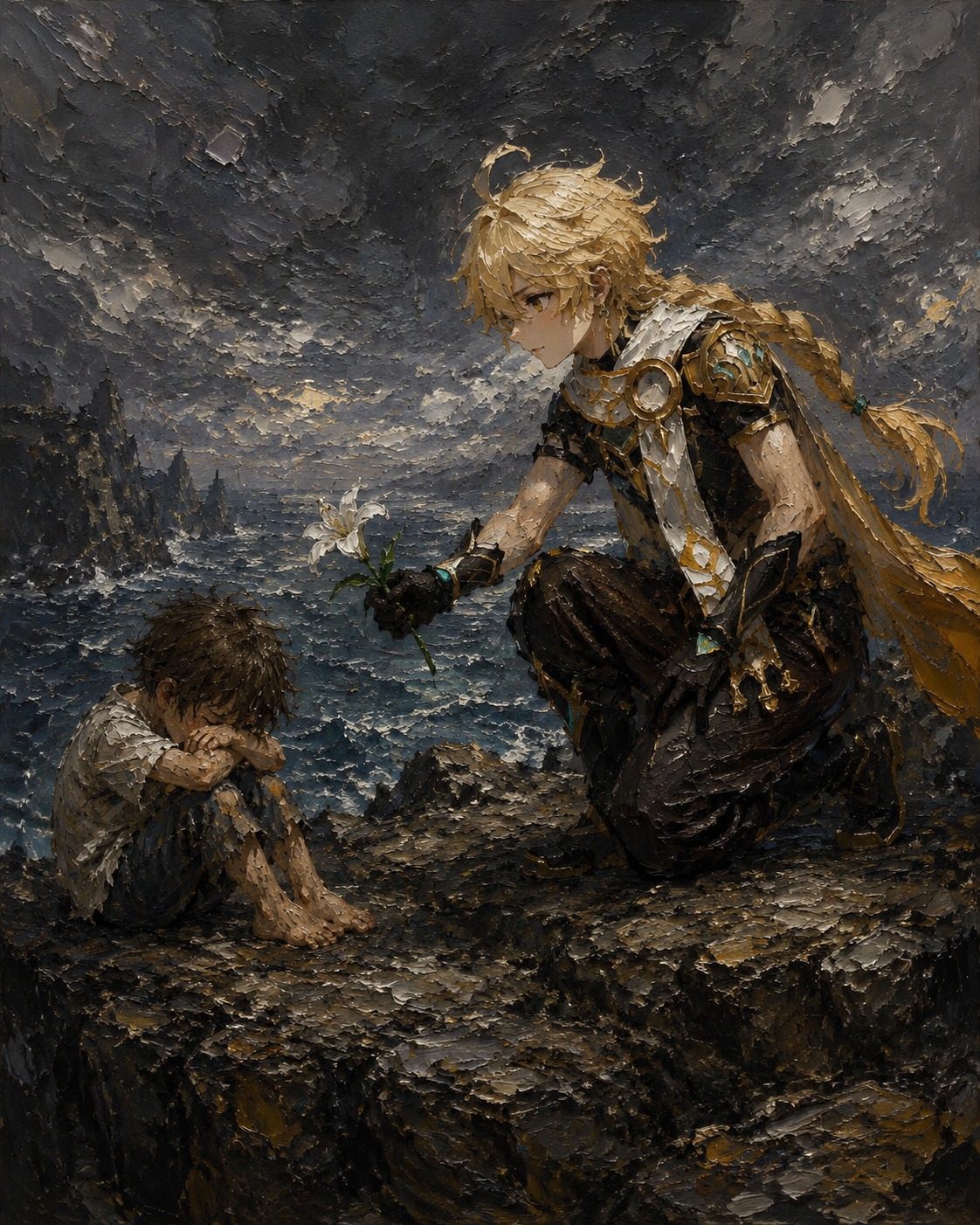 Offering a flower to a crying child On a rocky cliff overlooking a stormy ocean (gritty oil painting, heavy impasto texture)