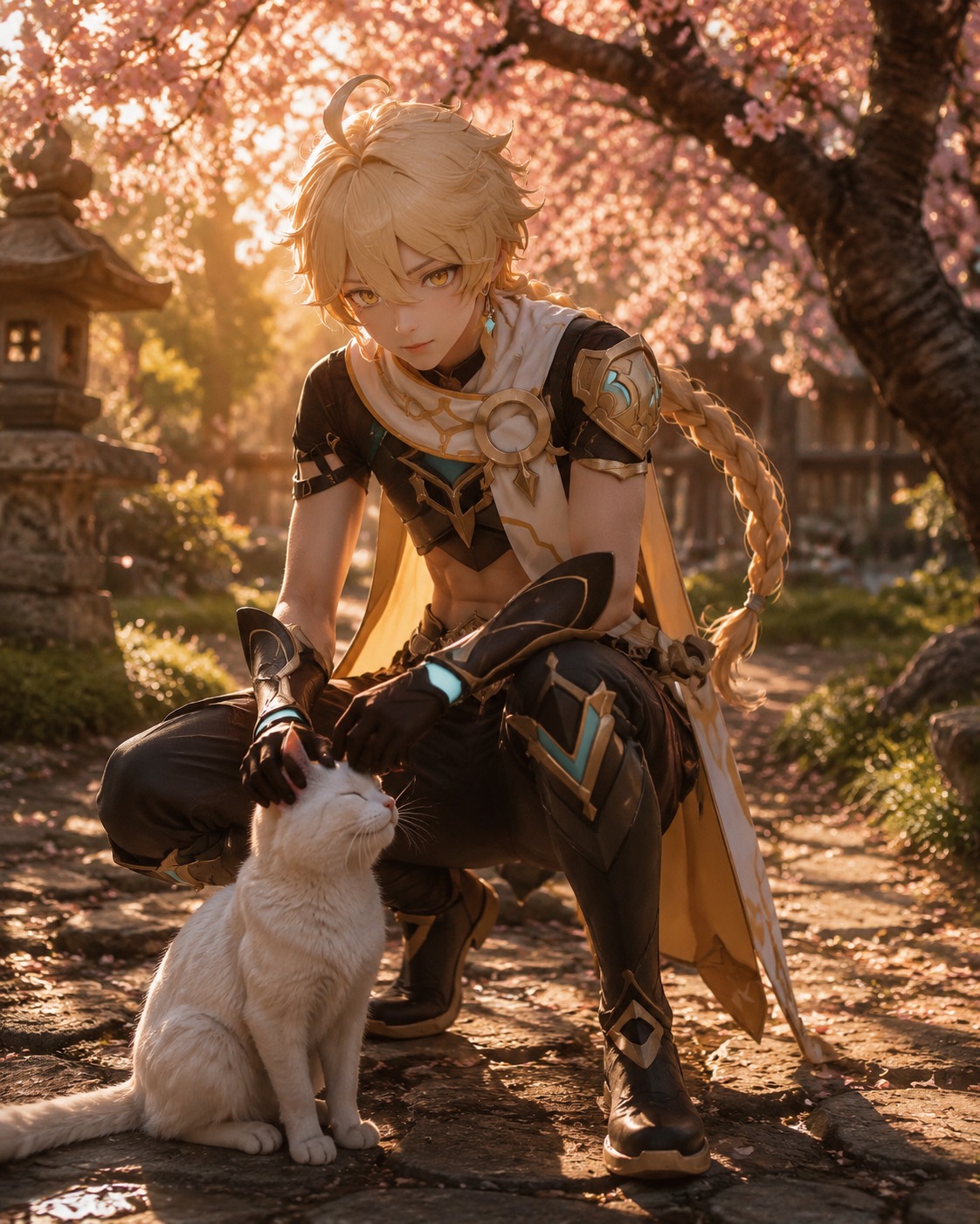 Petting a stray white cat In a quiet garden beneath a cherry tree (hyper-realistic 3D, cinematic golden hour lighting)