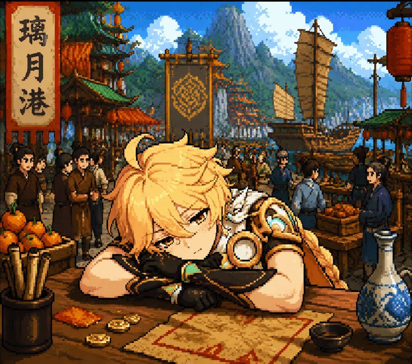 Resting his head on a wooden table In a bustling Liyue harbor market (retro 8-bit pixel art, high contrast)