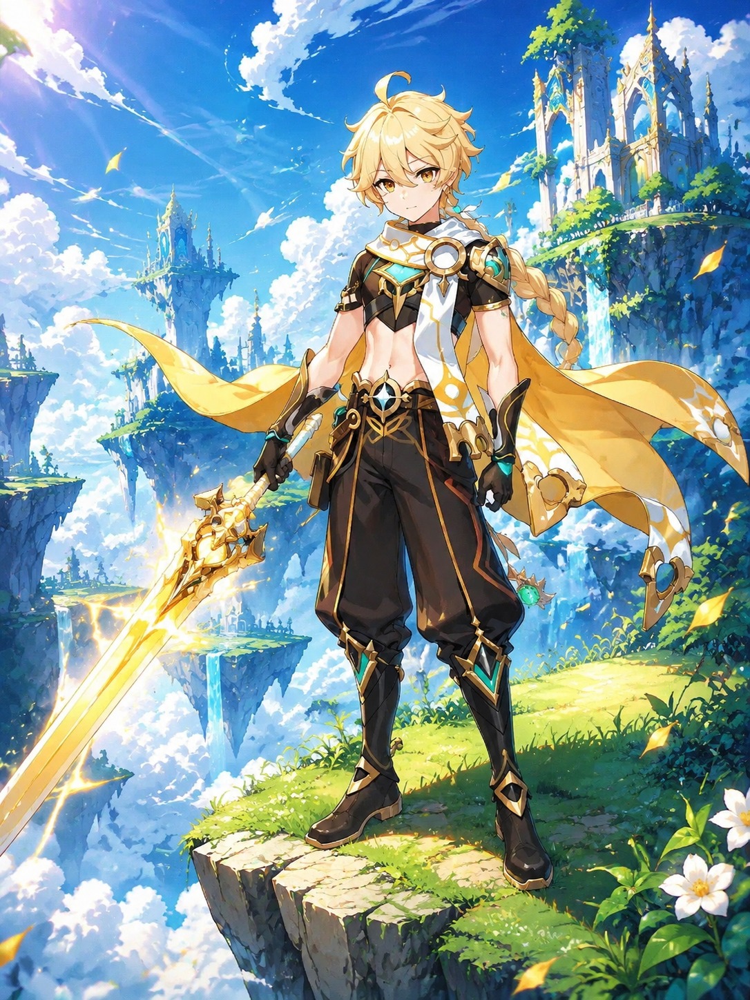 Wielding a shimmering golden sword At the edge of a floating celestial island (vibrant anime, lush cel-shaded colors)