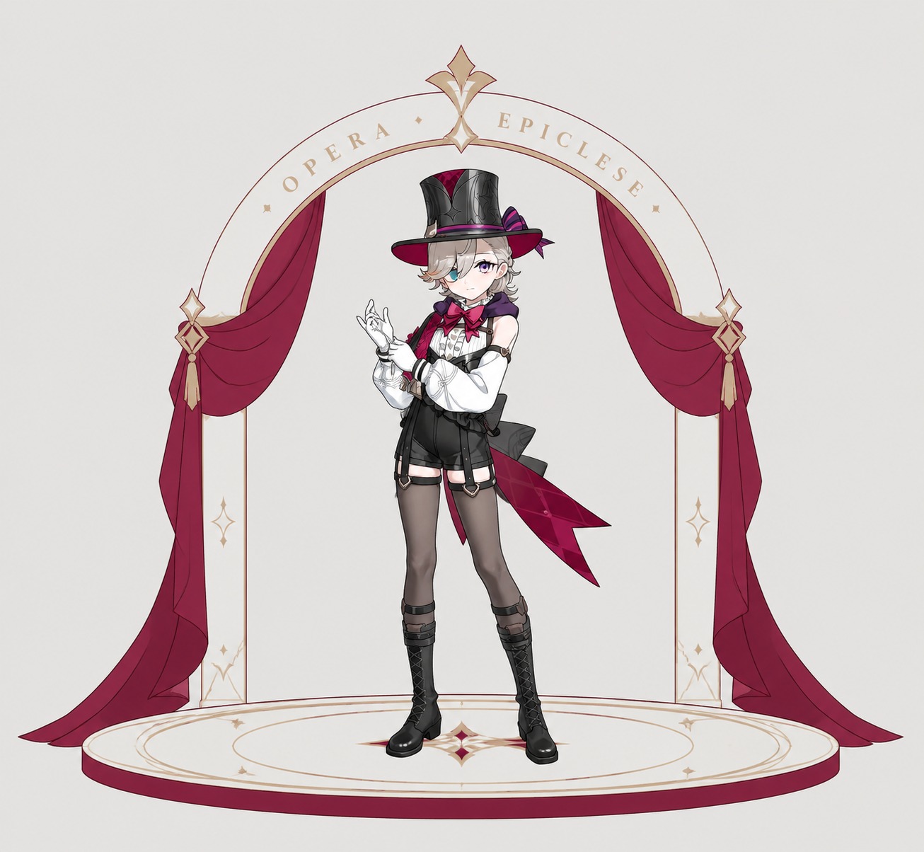 Adjusting his pristine white gloves At the center of the Opera Epiclese stage (clean minimalist vector art on a flat background)