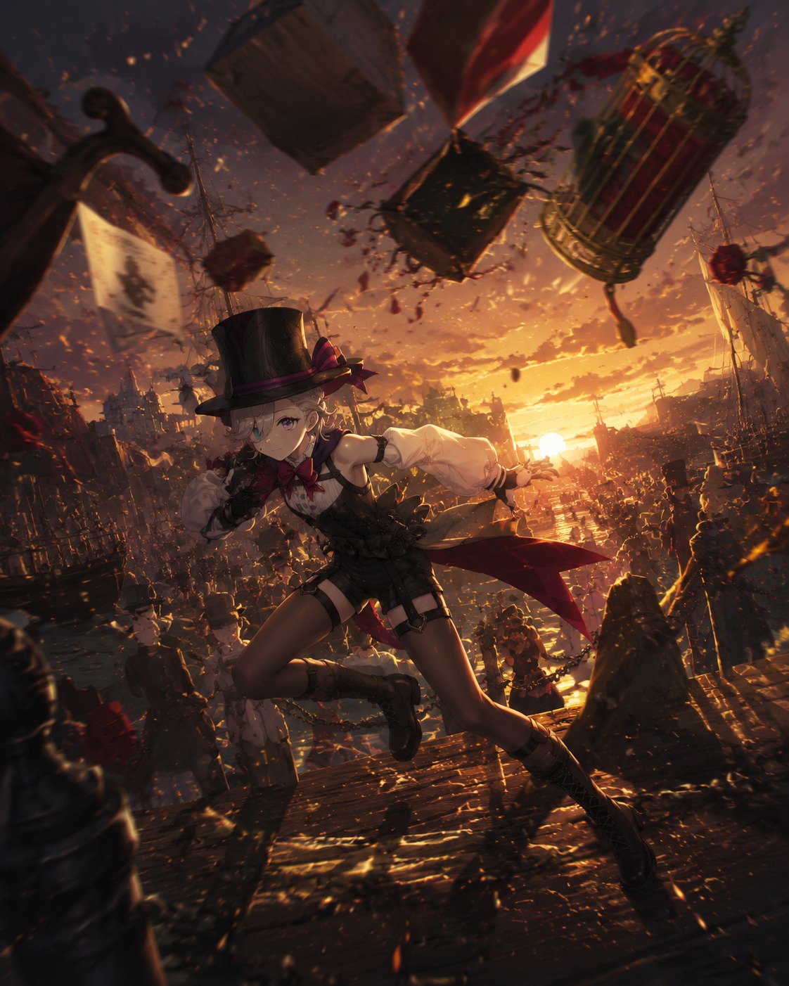 Dodging a flurry of falling stage props At a crowded harbor during a golden sunset (dark fantasy concept art with glowing embers)
