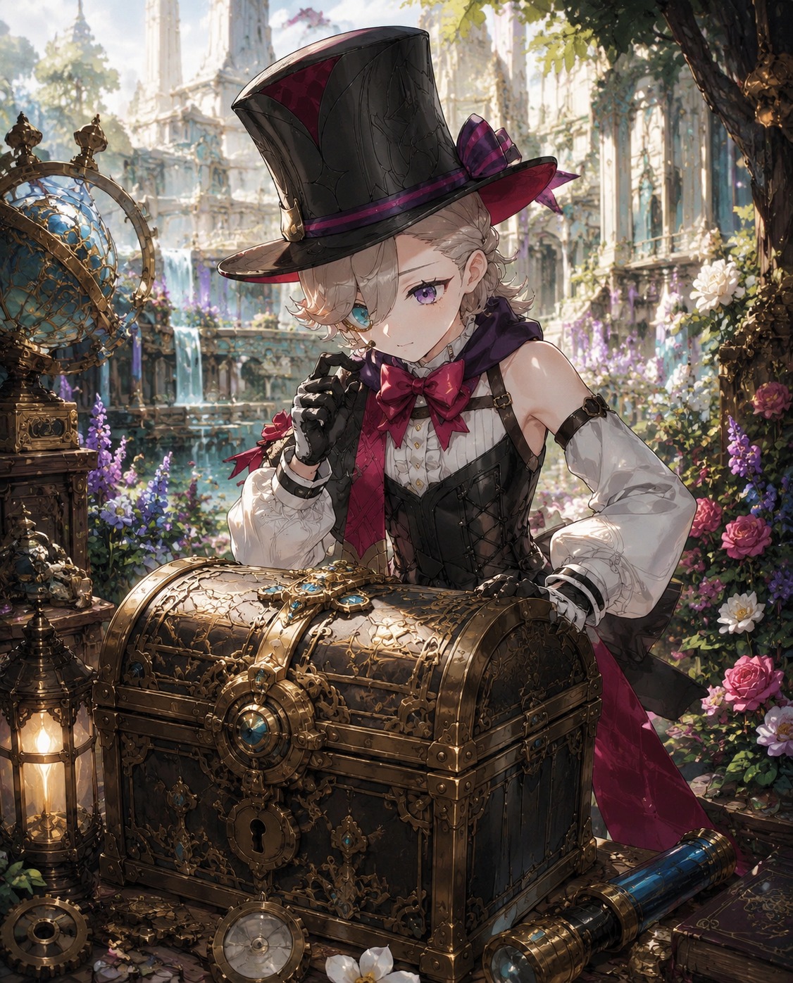 Examining an ancient locked treasure chest In a quiet flower-filled garden in Fontaine (intricate steampunk illustration with brass textures)
