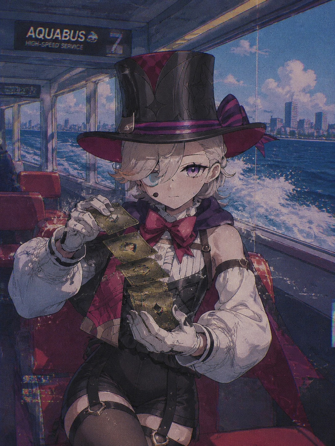 Shuffling a deck of golden playing cards On a high-speed aquabus crossing the sea (retro 90s anime aesthetic with grainy film textures)