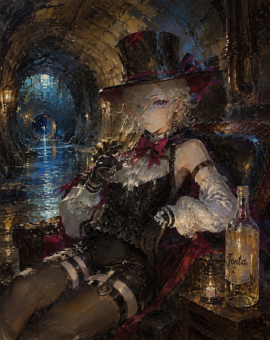 Sipping a sparkling glass of fonta In a hidden tunnel beneath the city streets (ethereal oil painting with thick impasto brushstrokes)