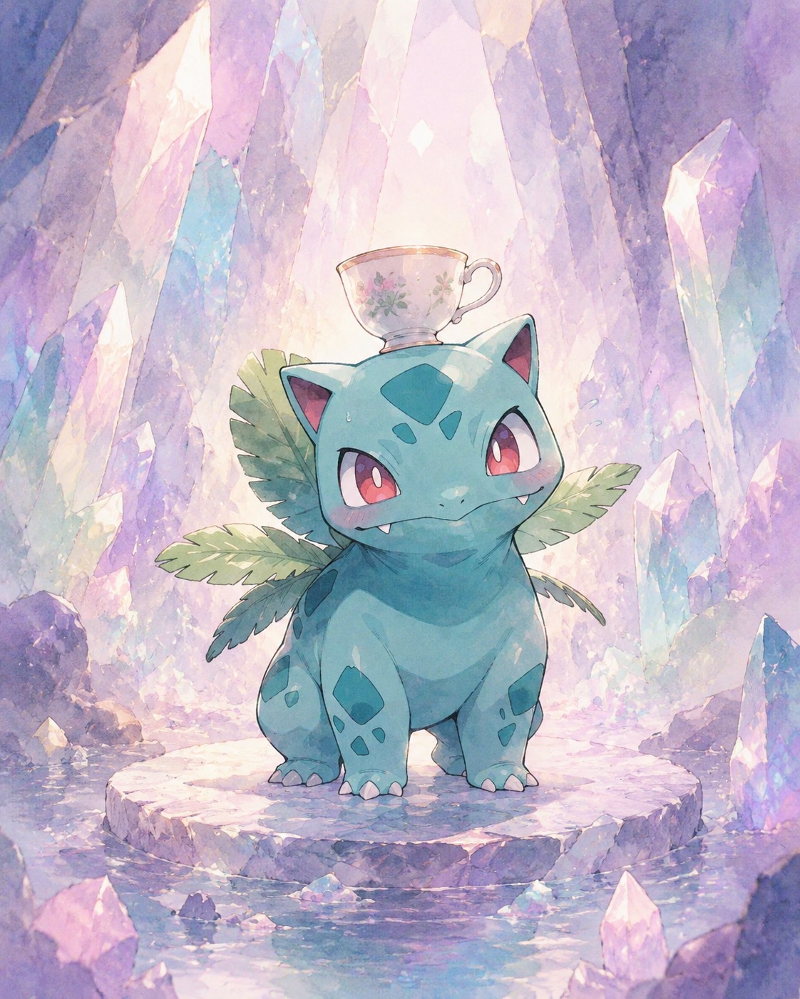 Balancing a delicate porcelain teacup on its head At the center of a glowing crystal cavern (ethereal watercolor wash with soft pastel hues)