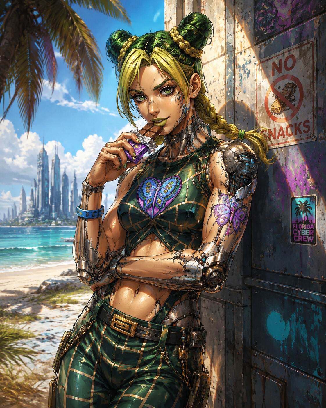 Eating a chocolate bar in secret at the edge of a sun-drenched Florida shoreline (detailed cybernetic punk)