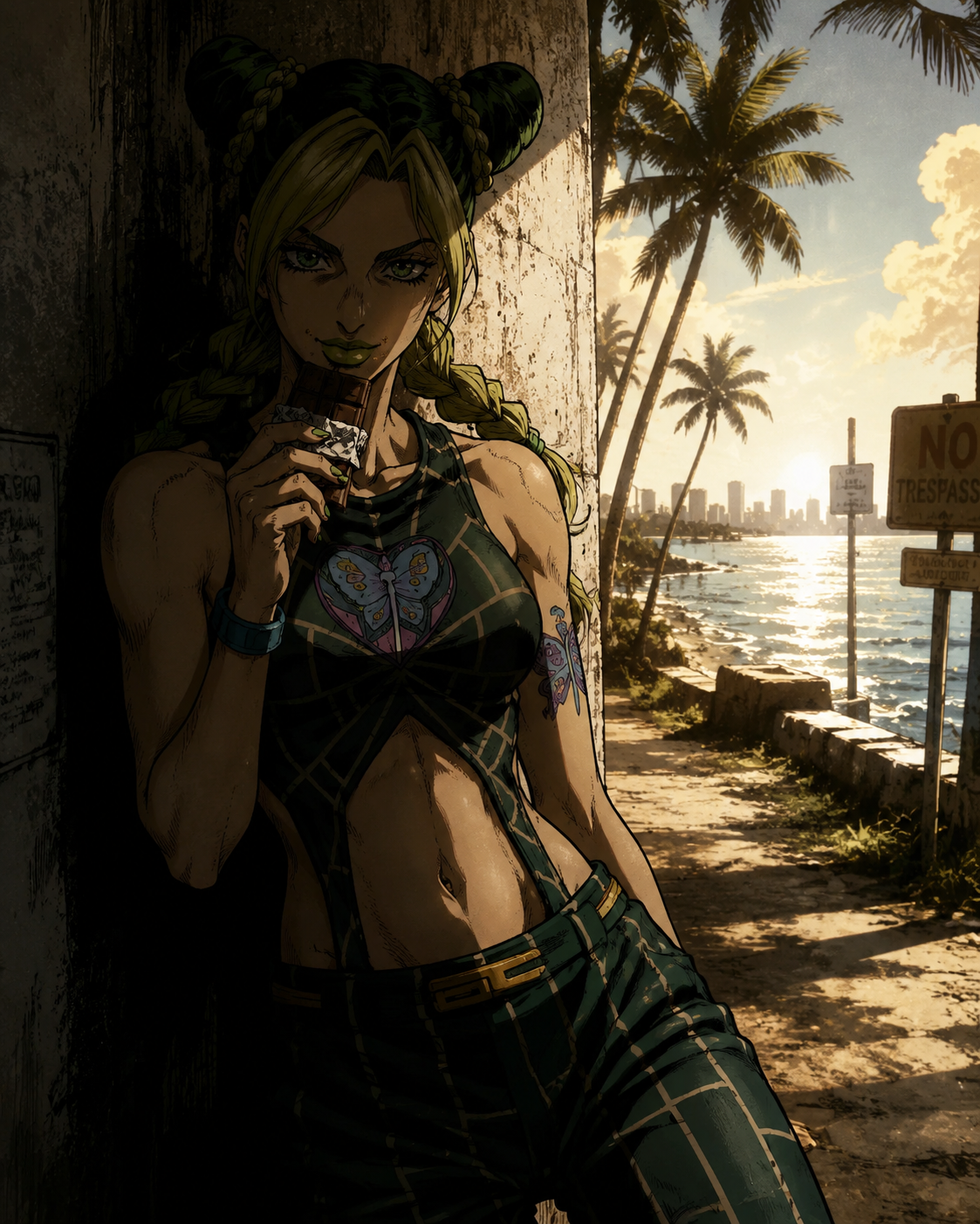 Eating a chocolate bar in secret At the edge of a sun-drenched Florida shoreline (gritty noir, harsh chiaroscuro lighting)