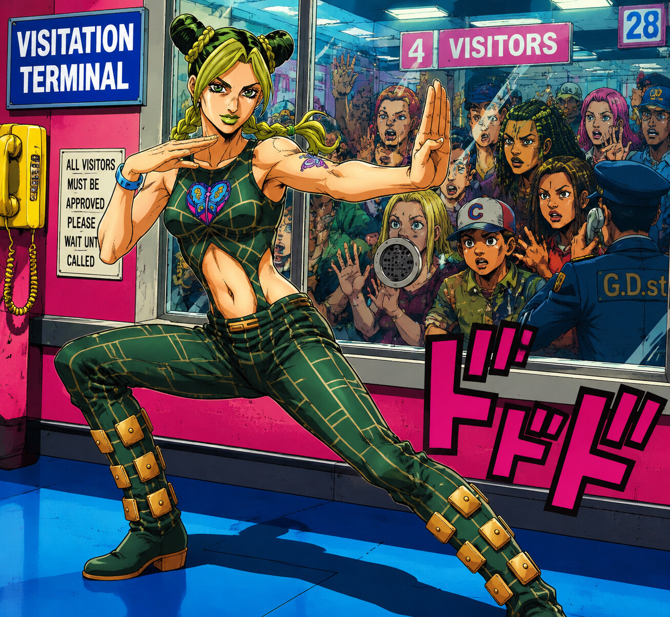 Practicing a stylish martial arts stance at a crowded visitation terminal behind glass (bold pop art)