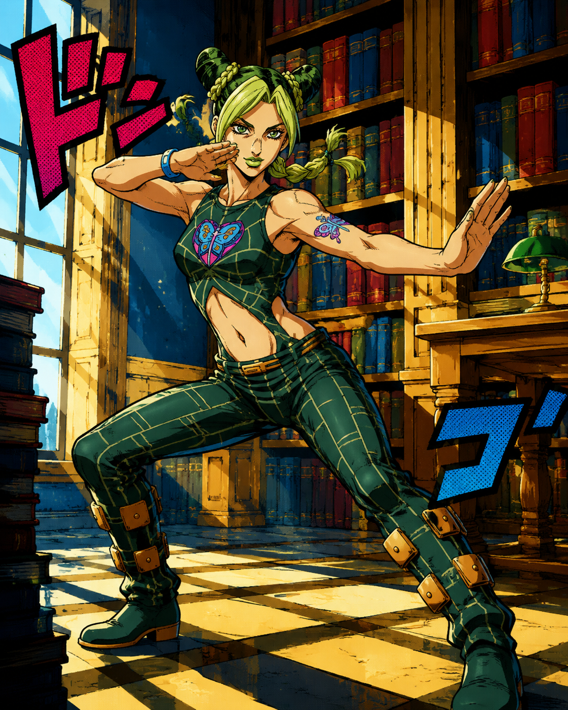 Practicing a stylish martial arts stance In a quiet library with dust motes dancing (bold pop art, vibrant primary colors)