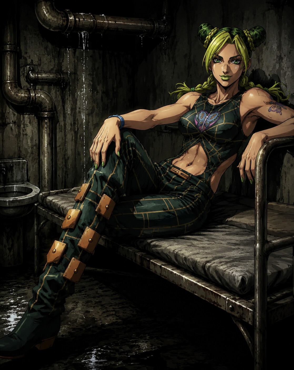 Relaxing on a hard metal bunk bed in a damp prison basement with dripping pipes (gritty noir)