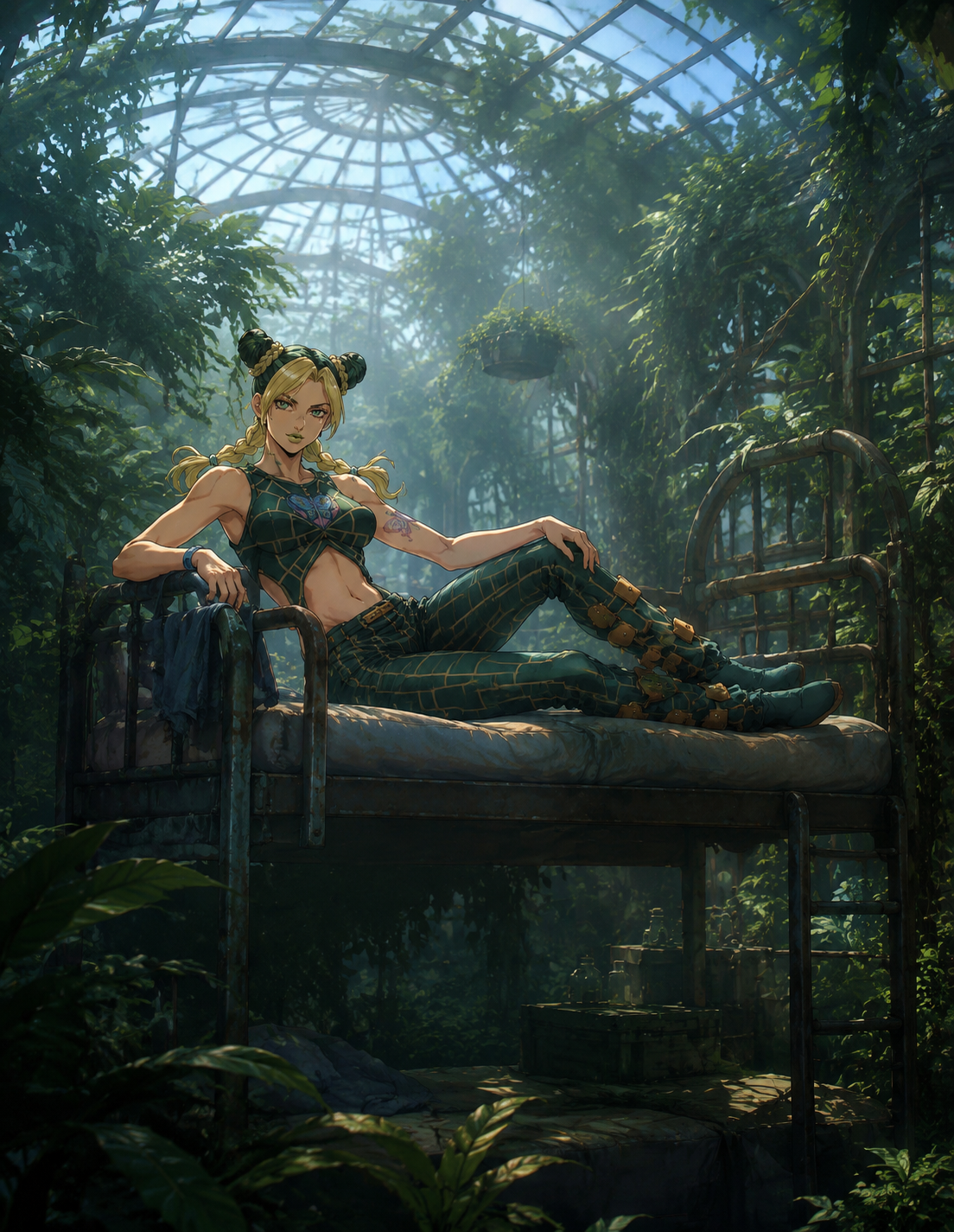 Relaxing on a hard metal bunk bed In an overgrown greenhouse under a glass dome (digital concept art, soft volumetric fog)