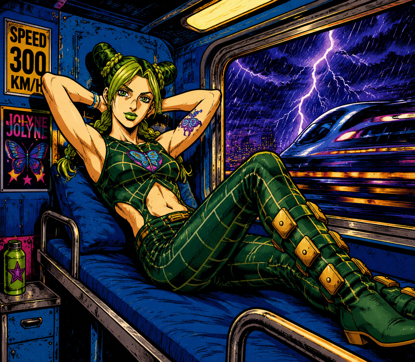 Relaxing on a hard metal bunk bed on a high-speed train during a thunderstorm (bold pop art)
