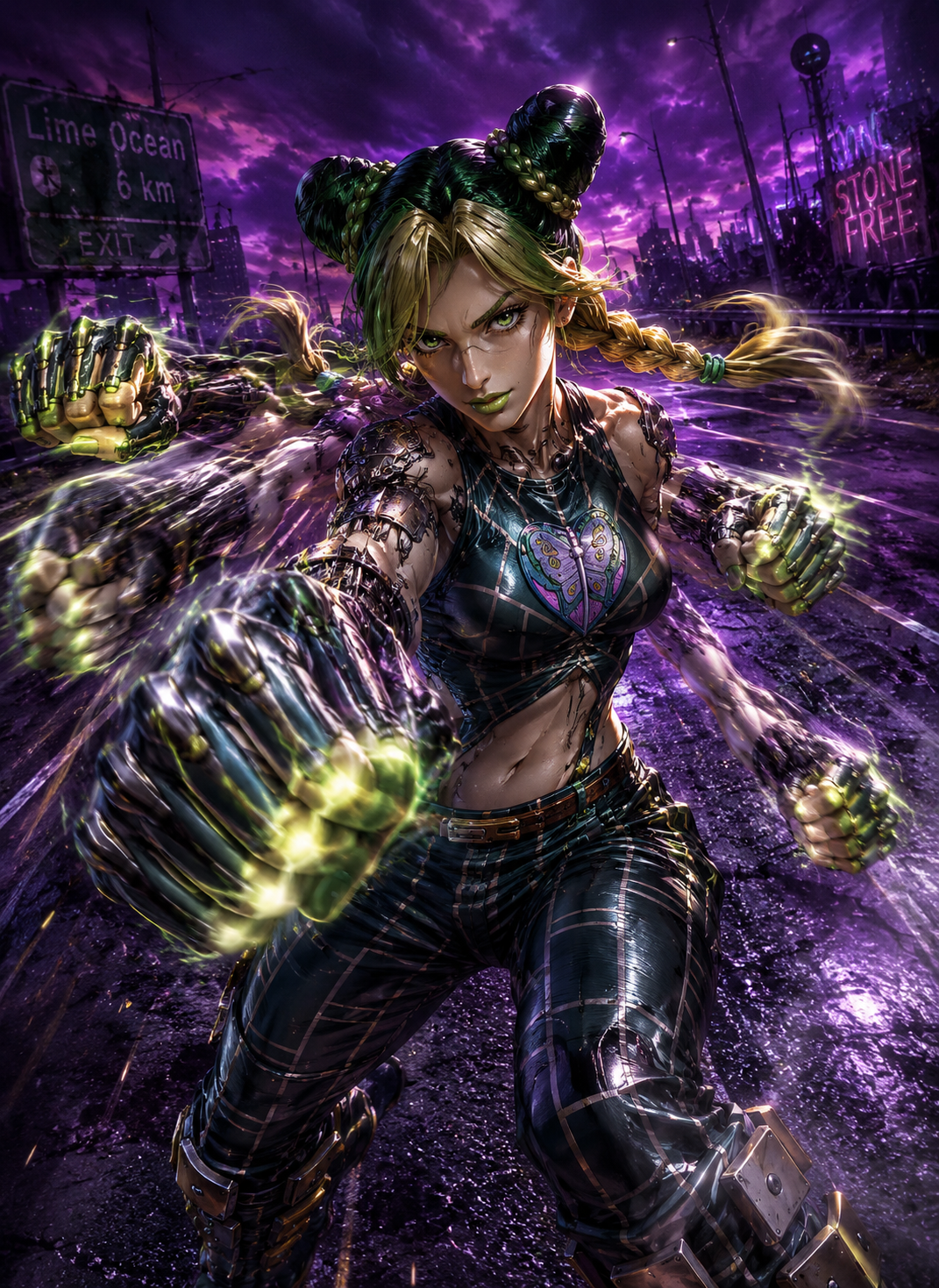 Throwing a rapid barrage of glowing punches On a desolate highway under a purple sky (detailed cybernetic punk, metallic sheen)