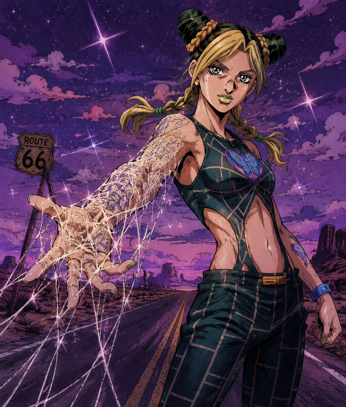 Unraveling her arm into a web of strings on a desolate highway under a purple sky (retro shoujo manga)