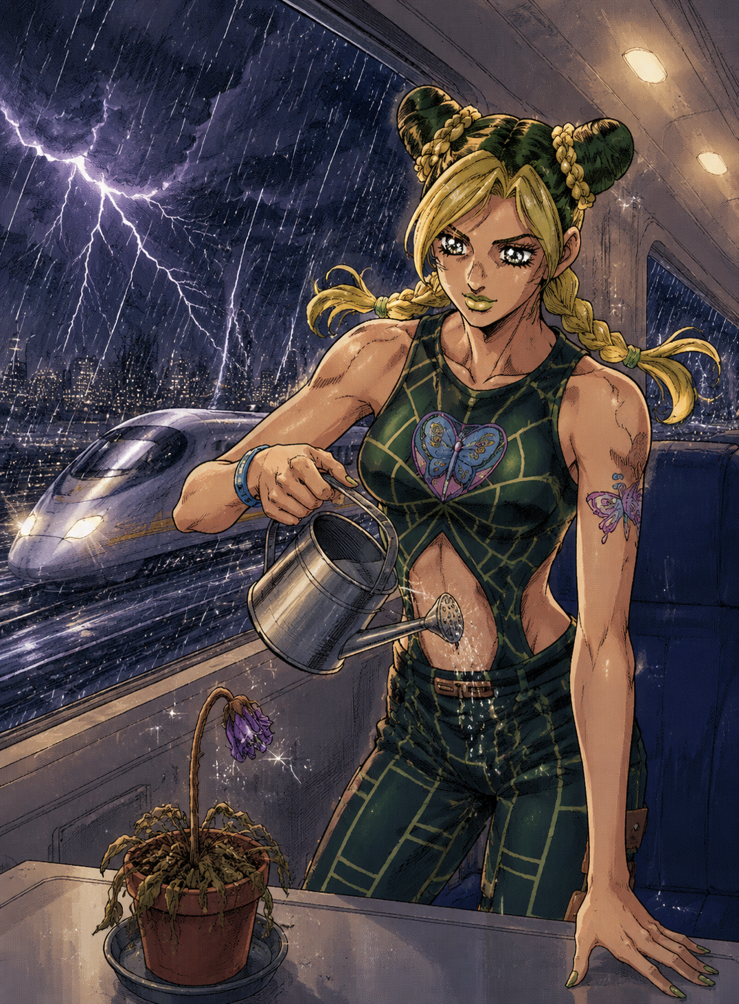Watering a single wilting flower On a high-speed train during a thunderstorm (retro shoujo manga, sparkling eyes)