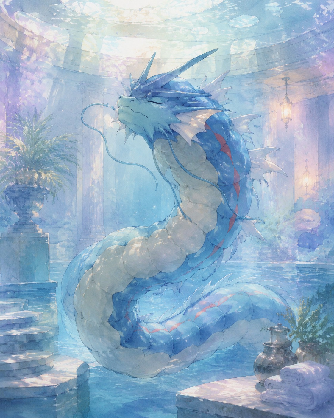 Drifting peacefully in a deep subaquatic current At a high-end luxury spa's indoor pool (ethereal watercolor with soft pastel lighting)