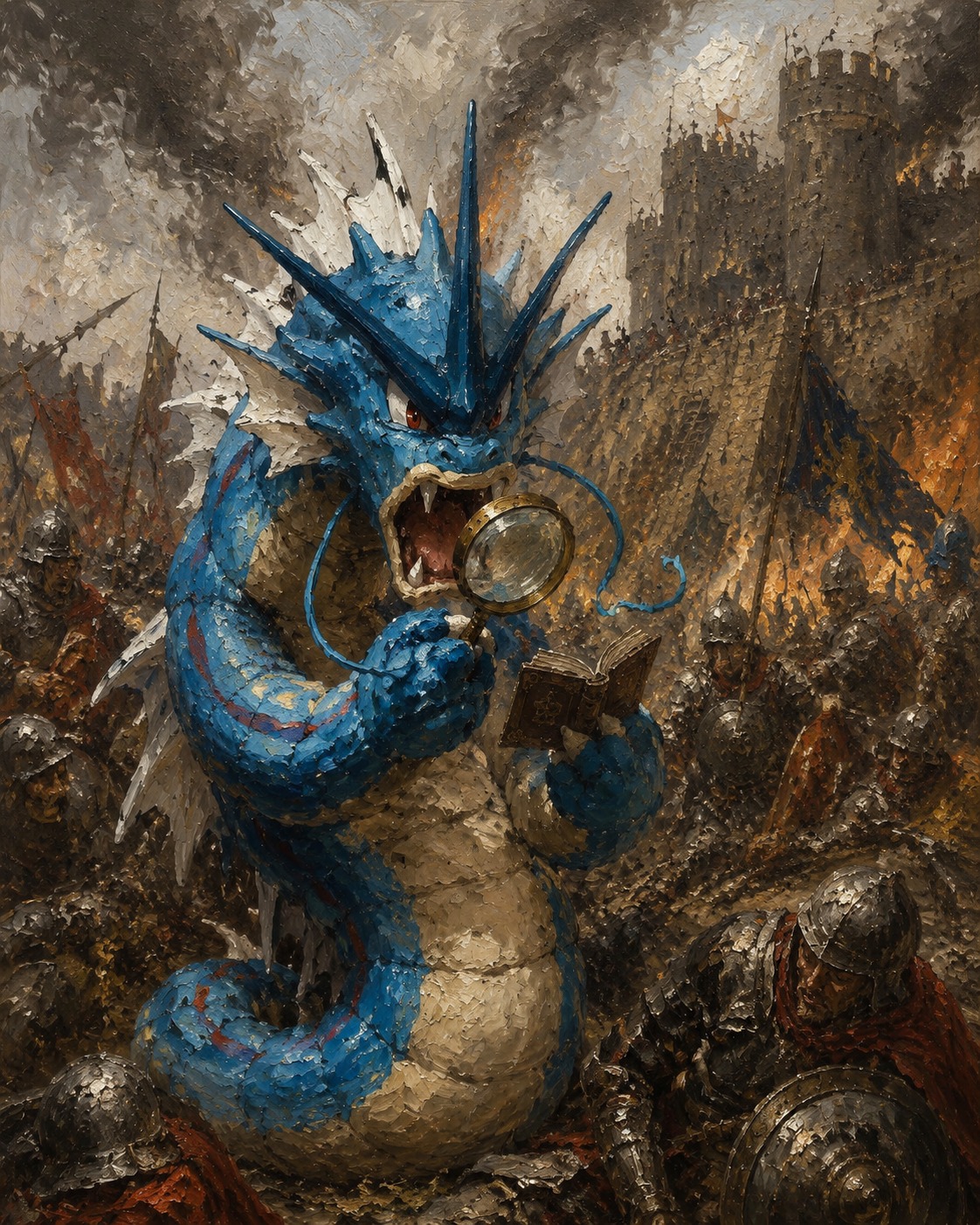 Reading a miniature book using a magnifying glass On a battlefield during a medieval siege (dramatic oil painting with thick impasto brushstrokes)