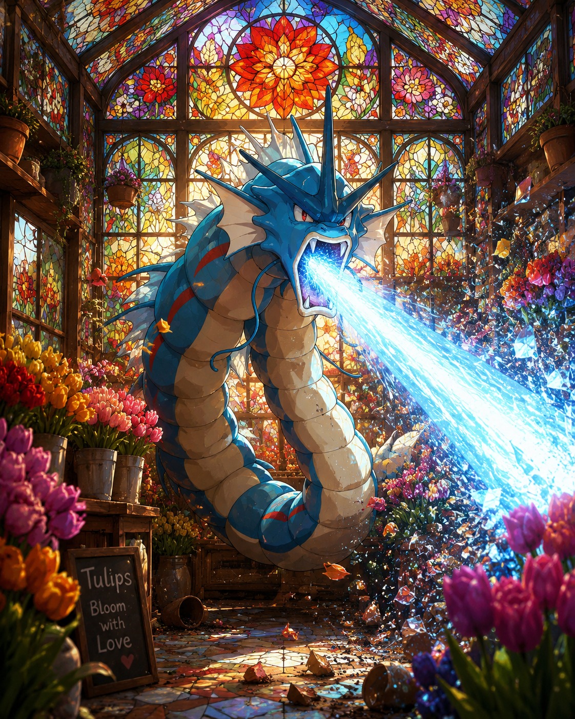 Unleashing a devastating hyper beam from its maw In a tiny flower shop filled with tulips (intricate stained glass mosaic with backlight)