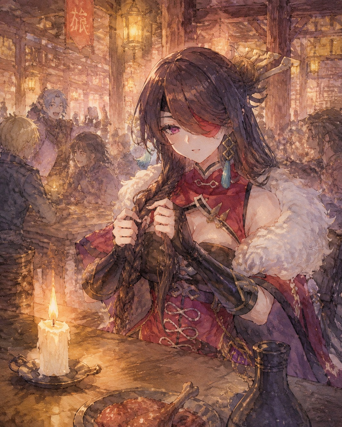 Braiding her long dark hair by candlelight In a noisy tavern lit by golden lanterns (ethereal watercolor, soft pastel colors)