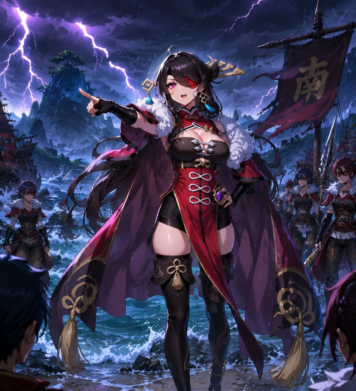 Commanding her crew during a violent thunder storm On a secluded beach at Guyun Stone Forest (vibrant anime style, sharp cel shading)