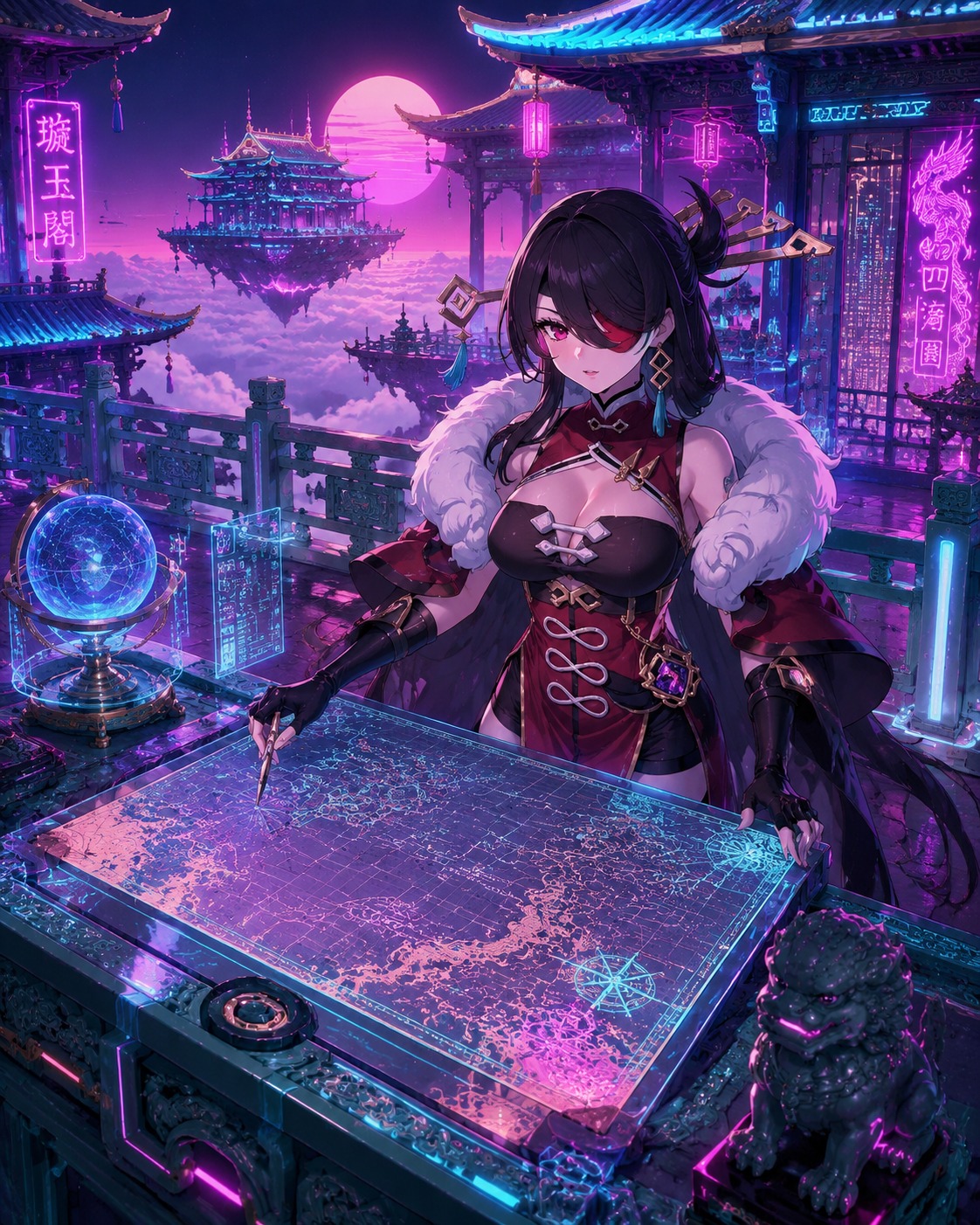 Inspecting a detailed nautical map of the ocean On a floating jade palace high above the clouds (cyberpunk neon, glowing accents, synthwave palette)