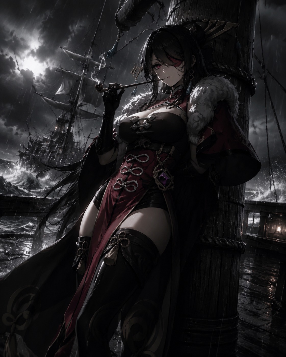 Leaning against the ship mast while smoking a pipe On the deck of the Alcor during a hurricane (cinematic noir, high contrast, dramatic shadows)