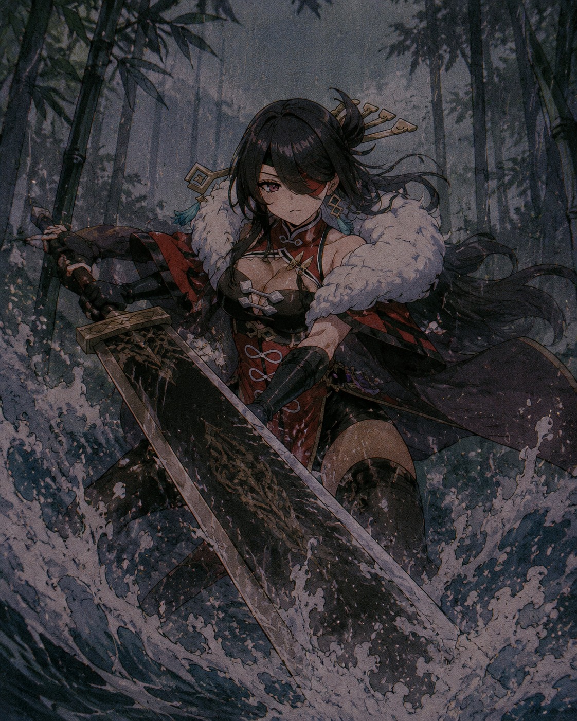 Swinging her massive claymore through crashing waves In a misty bamboo forest during a light drizzle (90s retro anime, lo-fi aesthetic, film grain)