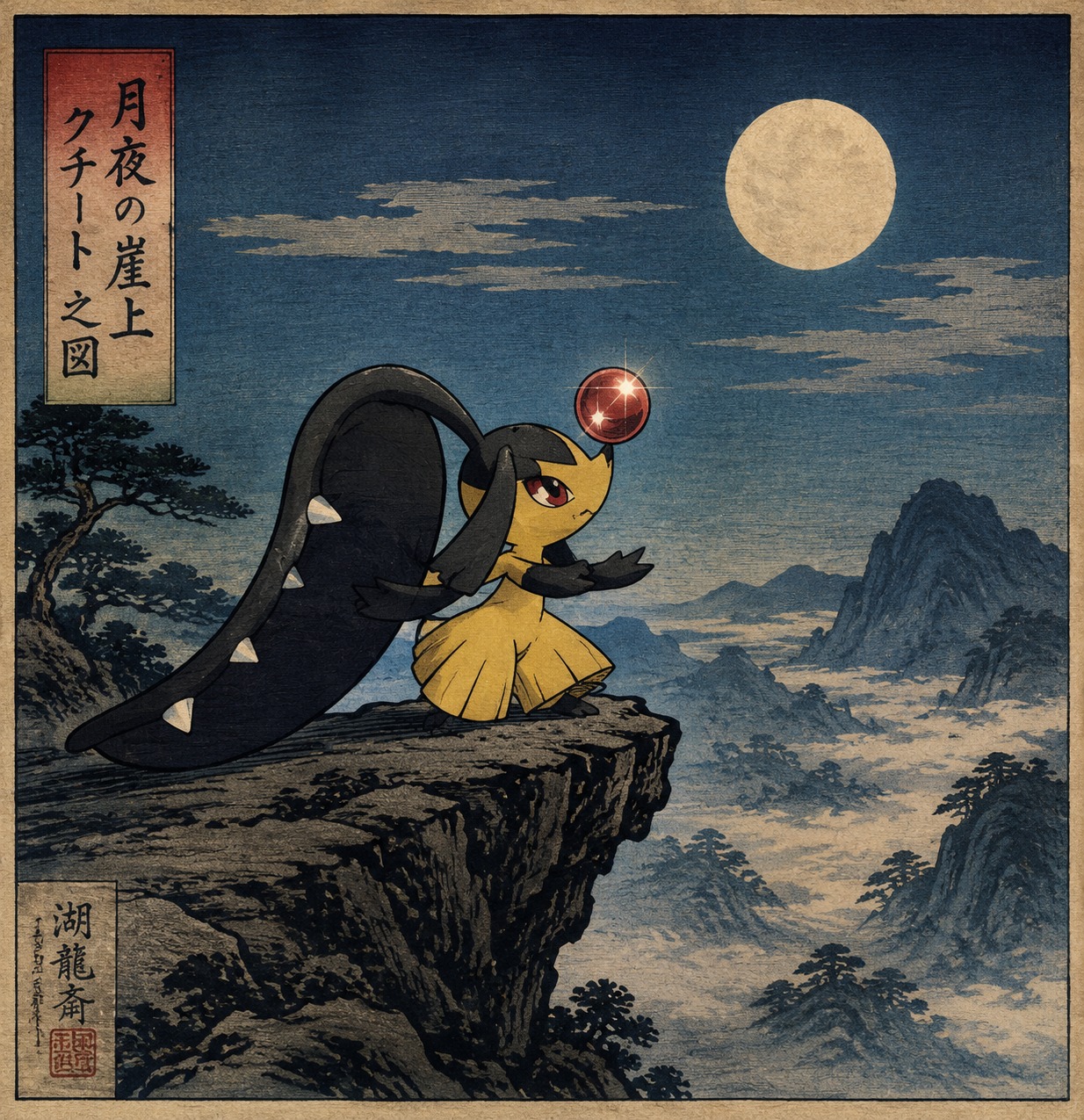 Balancing a shiny bauble on its nose On a moonlit cliffside overlooking a misty valley (ukiyo-e woodblock print bold ink lines)