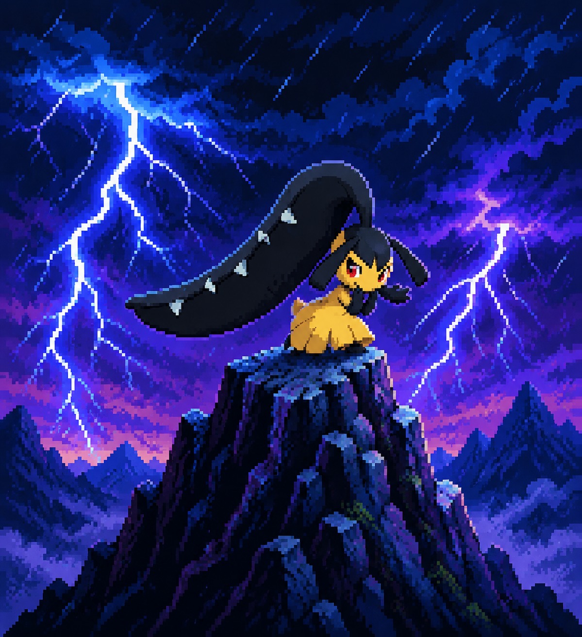 Feigning a shy innocent smile On a jagged mountain peak during a thunderstorm (retro 8-bit pixel art saturated palette)