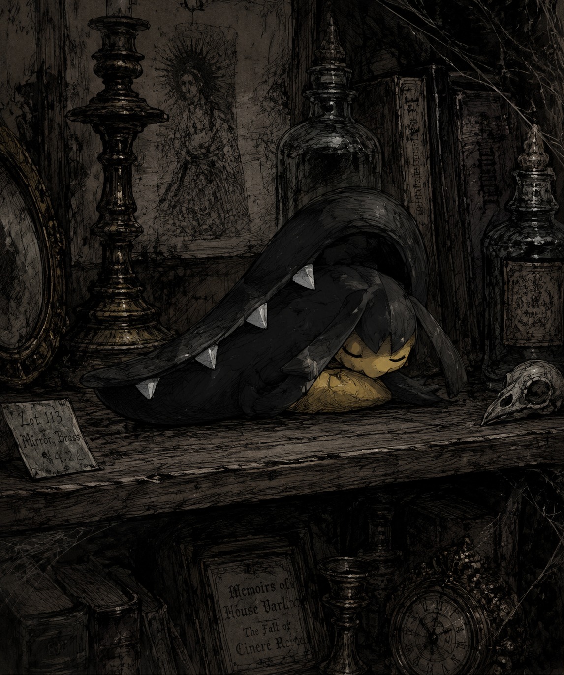 Napping with its head tucked inside its jaws At a dusty antique shop on a wooden shelf (dark fantasy gritty gothic sketch)