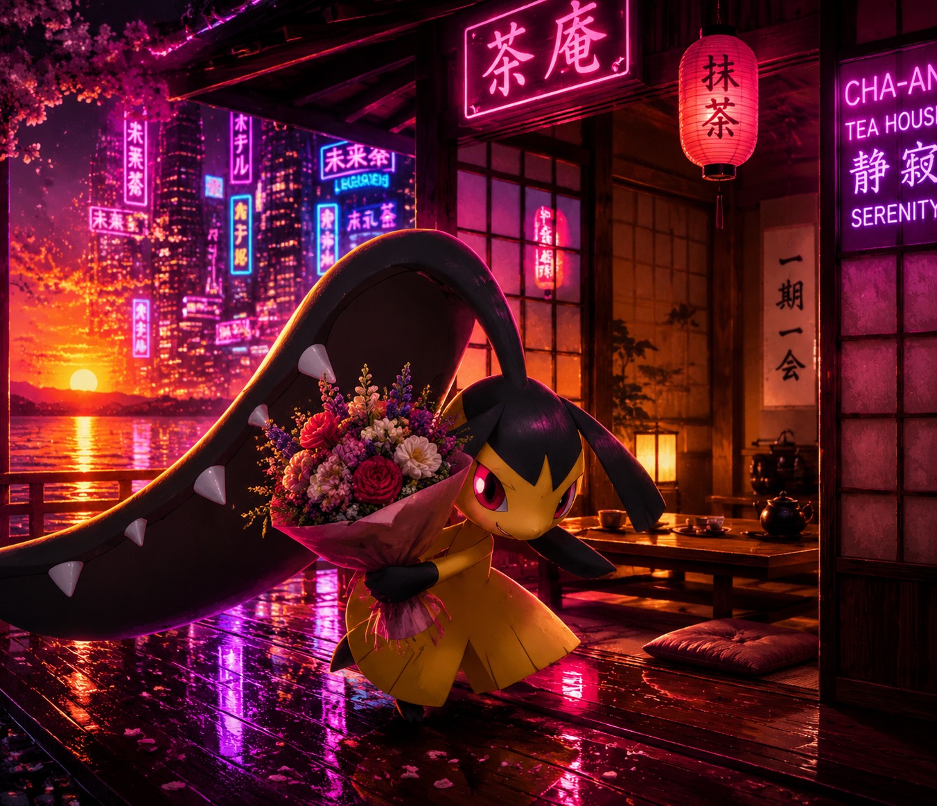 Offering a bouquet of flowers with a hidden smirk At a traditional Japanese tea house during sunset (cyberpunk neon high-contrast glow)
