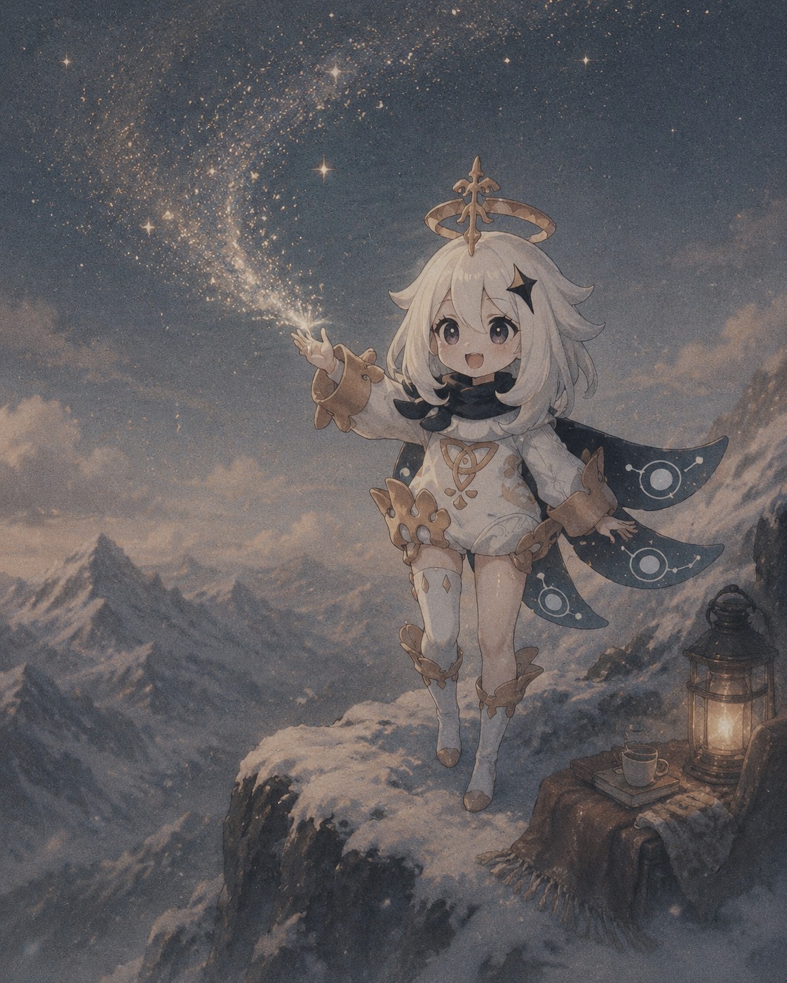 Conjuring a shimmering trail of stardust At the summit of a snowy wind-swept peak (cozy lo-fi aesthetic, muted tones and grainy texture)