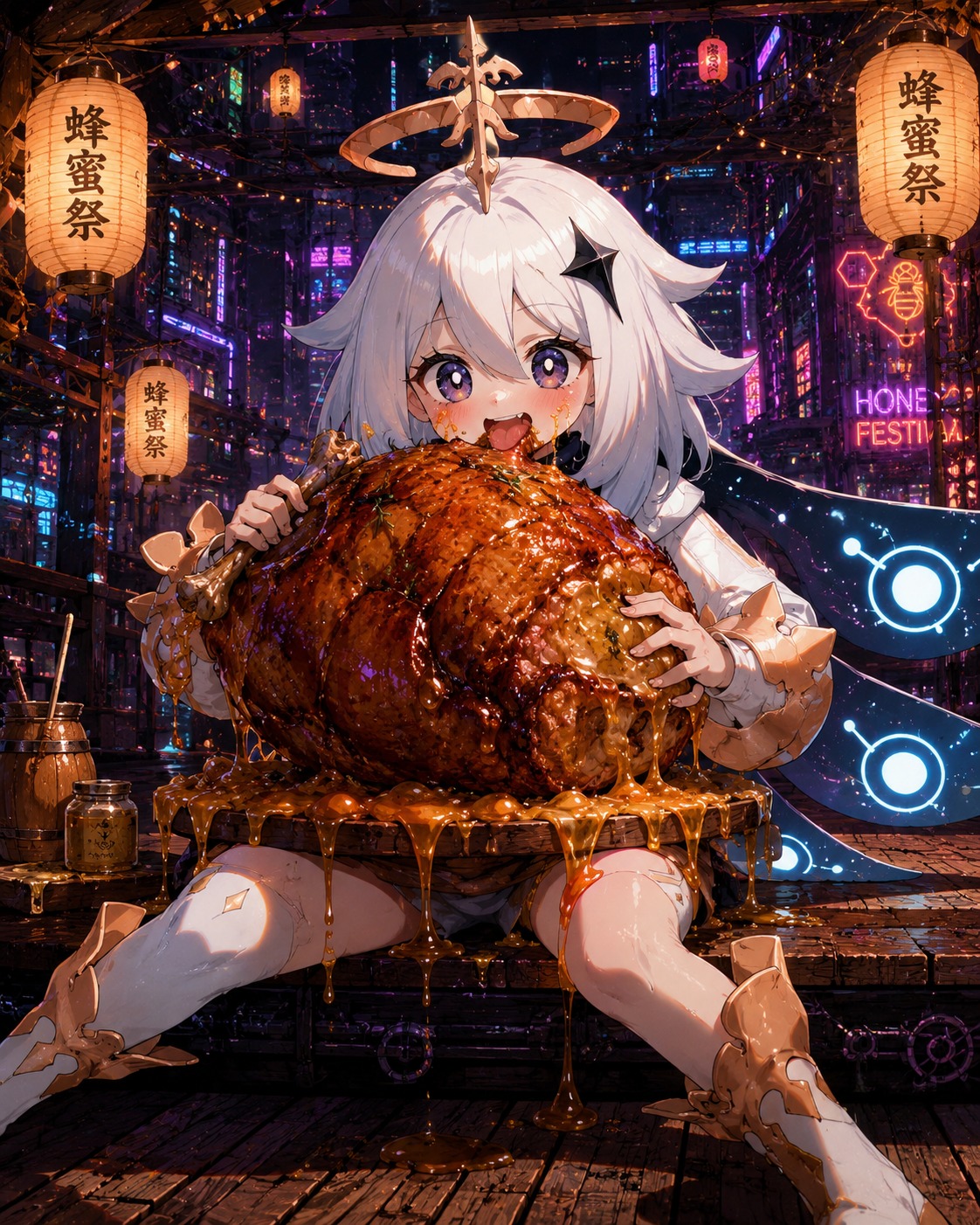 Devouring a massive sticky honey roast On a wooden festival stage decorated with lanterns (futuristic cyberpunk, neon glow and dark metal)