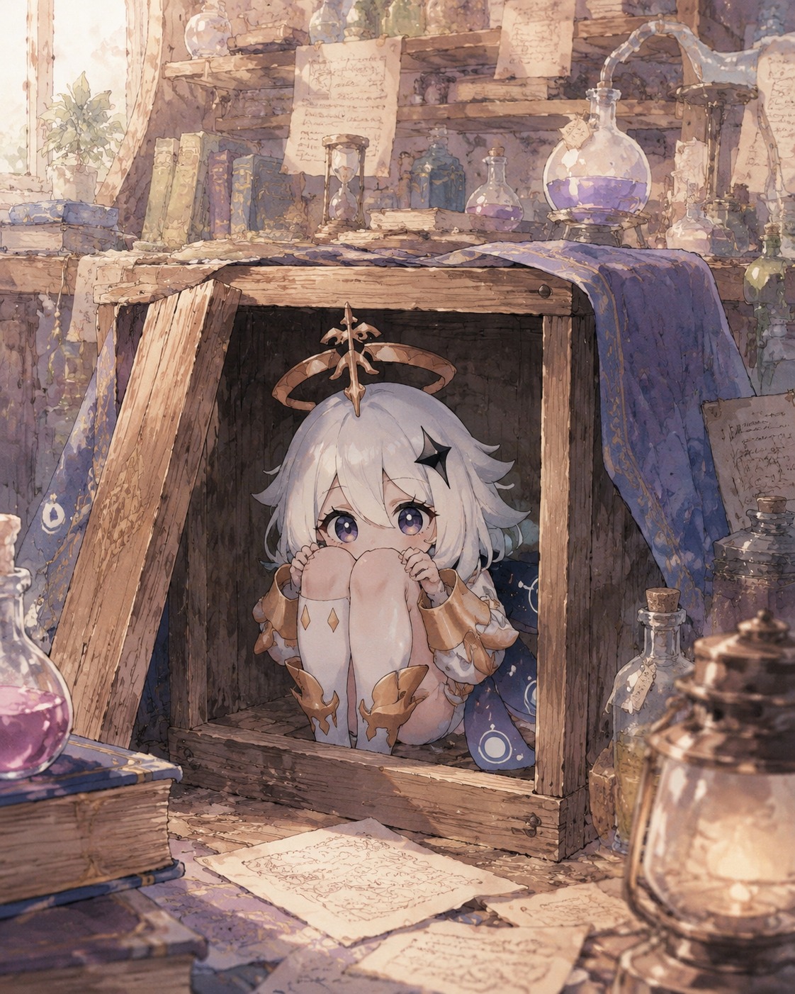Hiding inside a hollowed-out wooden crate In a cluttered alchemist's workshop (watercolor anime, soft pastel lighting)