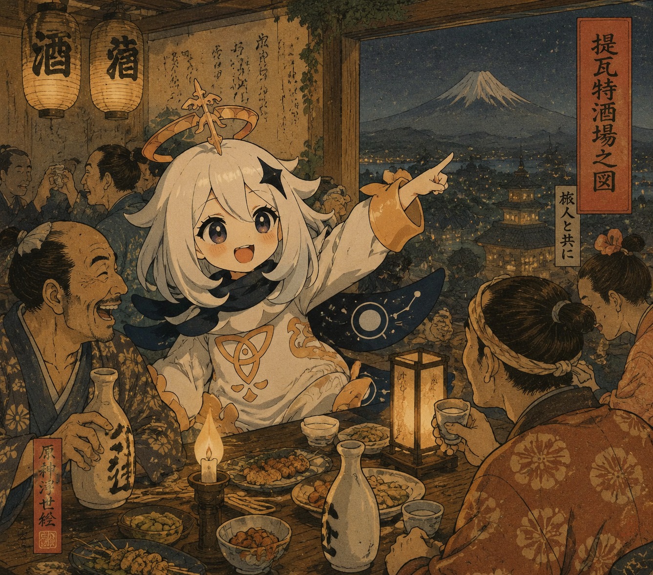 Pointing excitedly at a distant landmark At a bustling tavern table lit by candles (ukiyo-e woodblock print, traditional Japanese style)