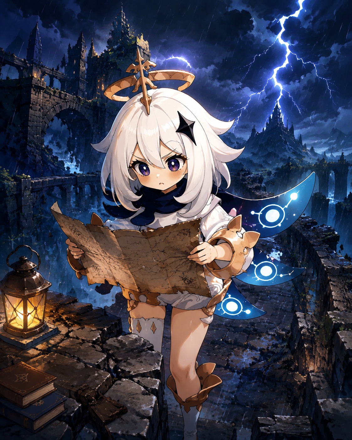 Studying a dusty ancient map with focus On a crumbling stone bridge during a thunderstorm (vibrant cel-shaded, bold outlines and saturated colors)