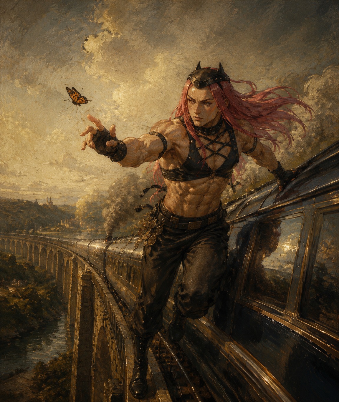 Chasing a butterfly through a field On a high-speed train crossing a bridge (Classical oil painting, rich moody textures)
