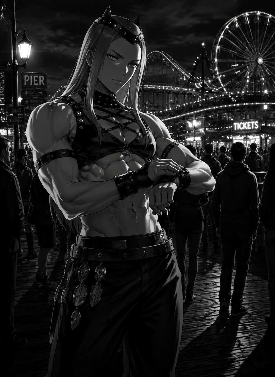 Checking his pulse with detached curiosity At a crowded amusement park near the pier (Cinematic noir, dramatic high-contrast shadows)