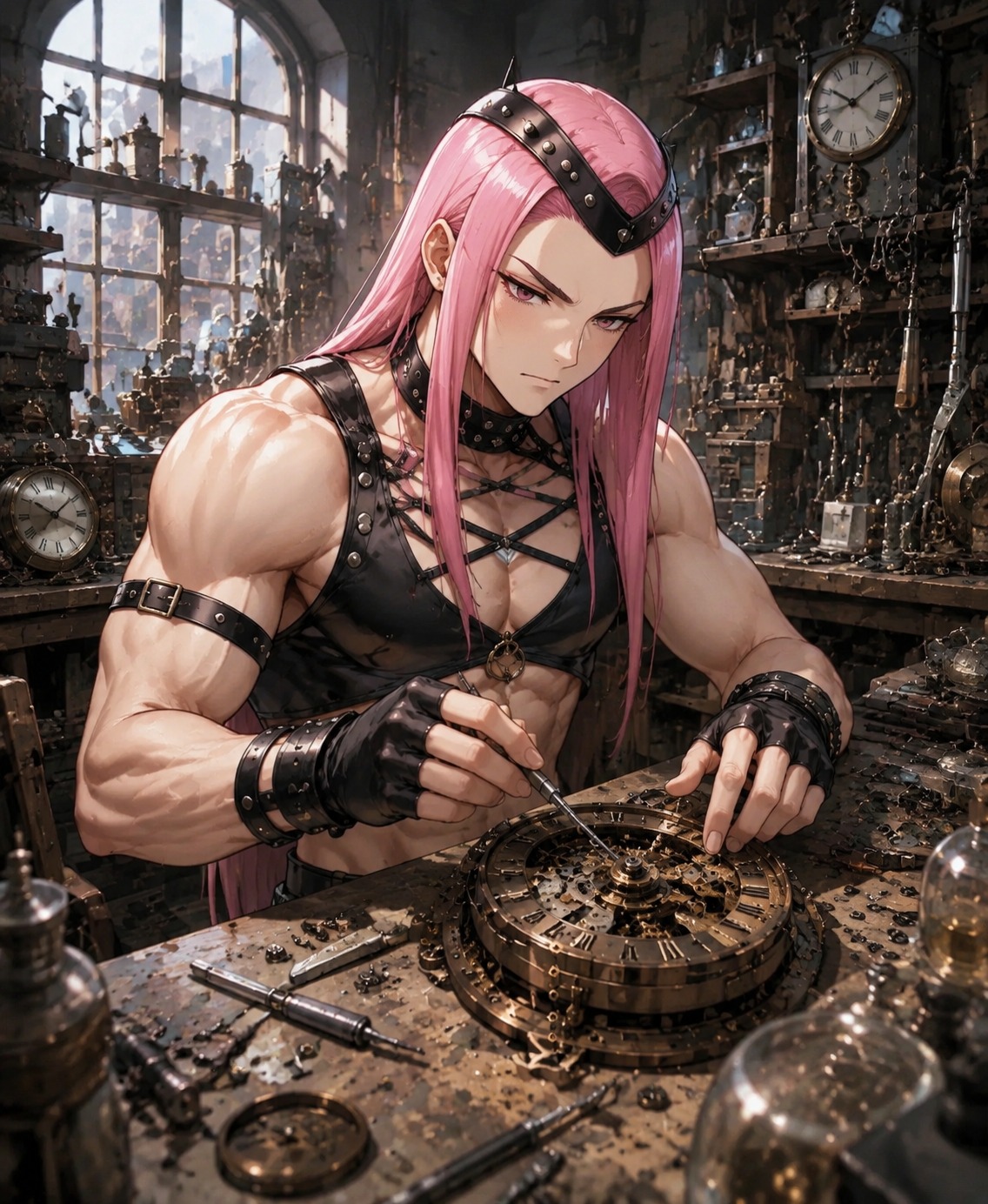 Dismantling a clock with surgical precision In a messy clockmaker workshop (Digital concept art, sharp focus realism)