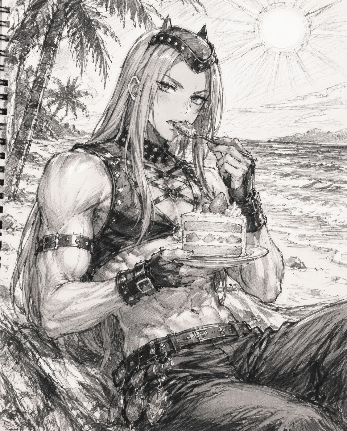 Eating a slice of strawberry cake At a sun-drenched beach with turquoise water (Sketchbook graphite, messy charcoal strokes)