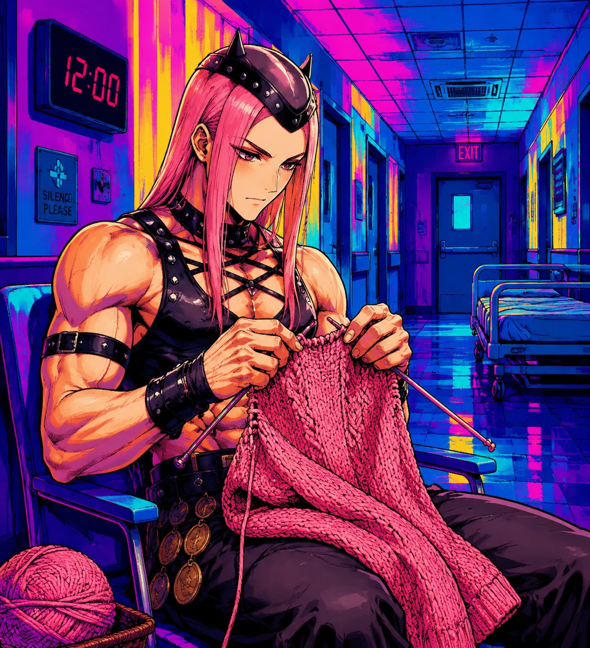 Knitting a pink sweater with intense focus In a silent hospital wing at midnight (Vibrant pop art, bold psychedelic colors)