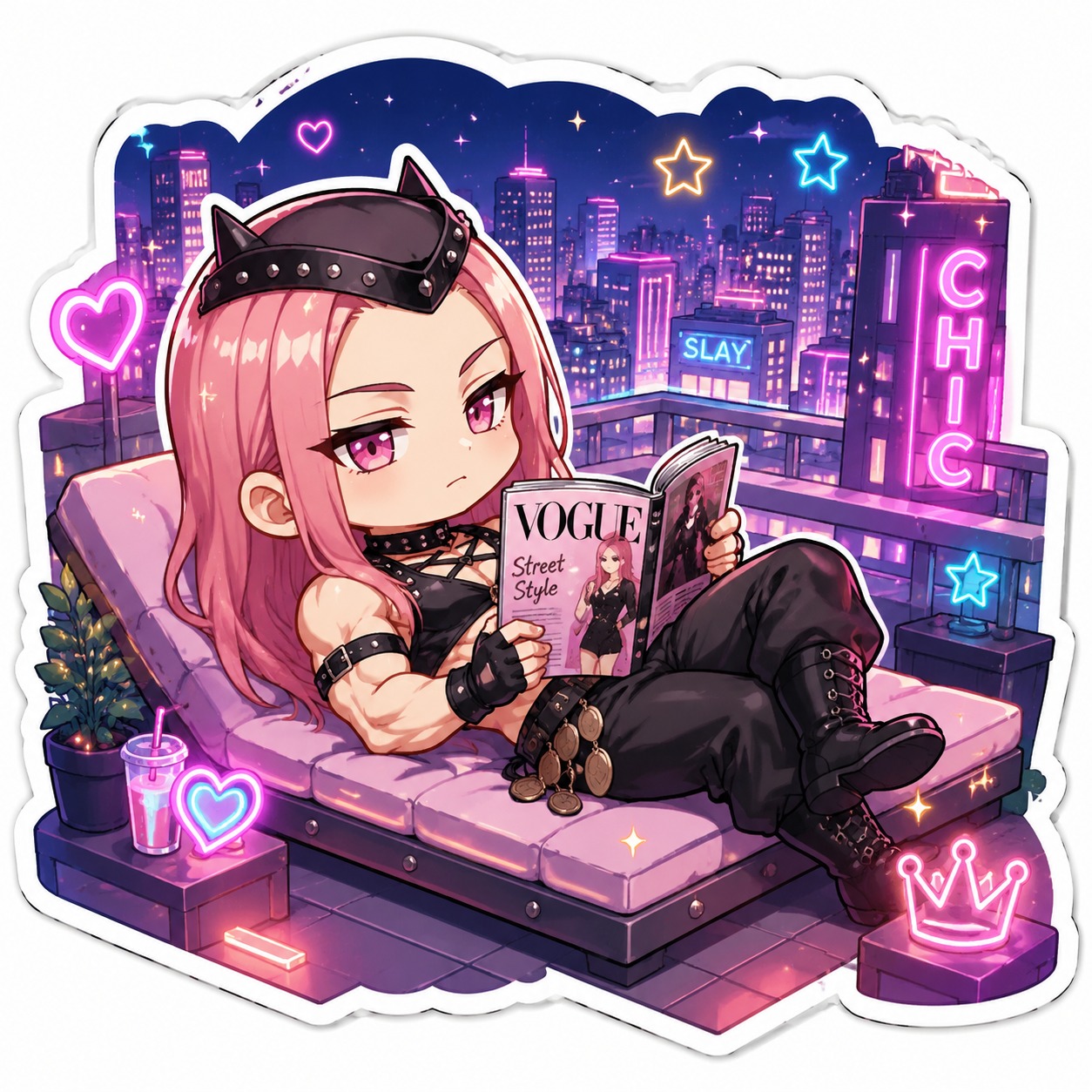 Reading a fashion magazine while reclining On a neon-lit rooftop overlooking the city (Chibi cute, bright pastel stickers)