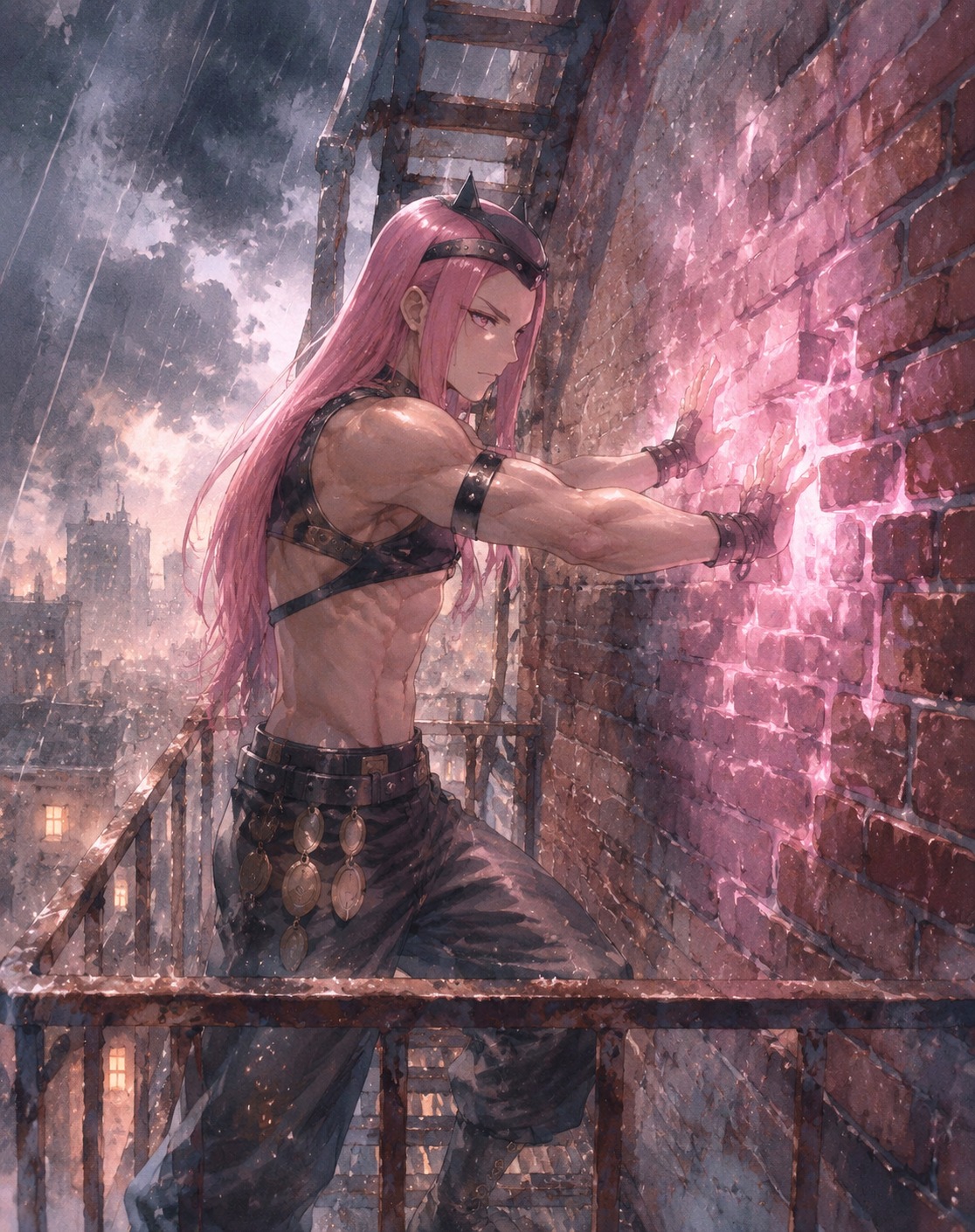 Restructuring a brick wall using diver down On a rusty fire escape during a storm (Soft watercolor, ethereal light)