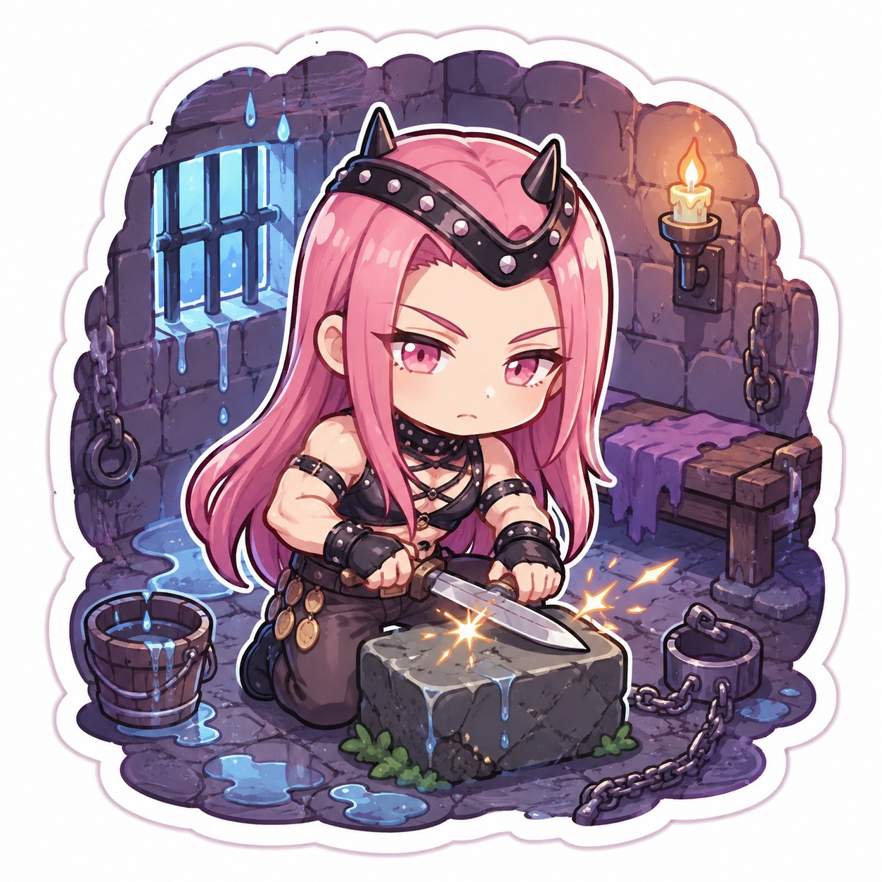 Sharpening a metal shank against stone In a damp prison cell under flickering lights (Chibi cute, bright pastel stickers)