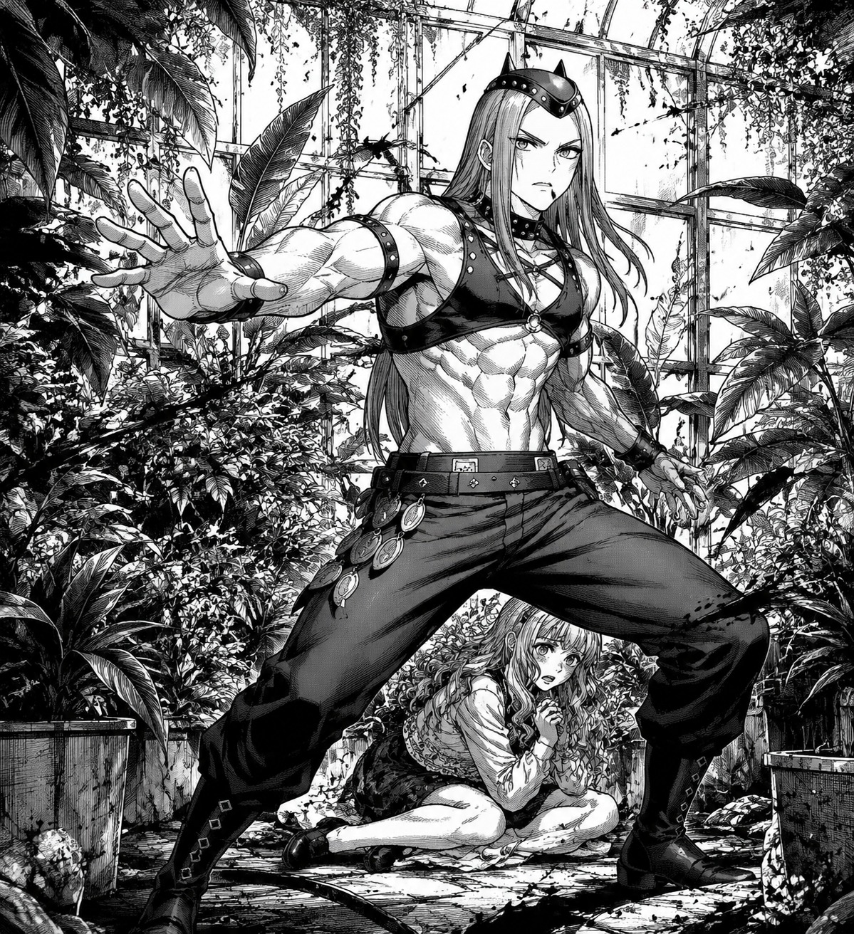 Shielding a companion from an invisible attack In a lush greenhouse filled with exotic plants (Gritty seinen manga, heavy ink lines)