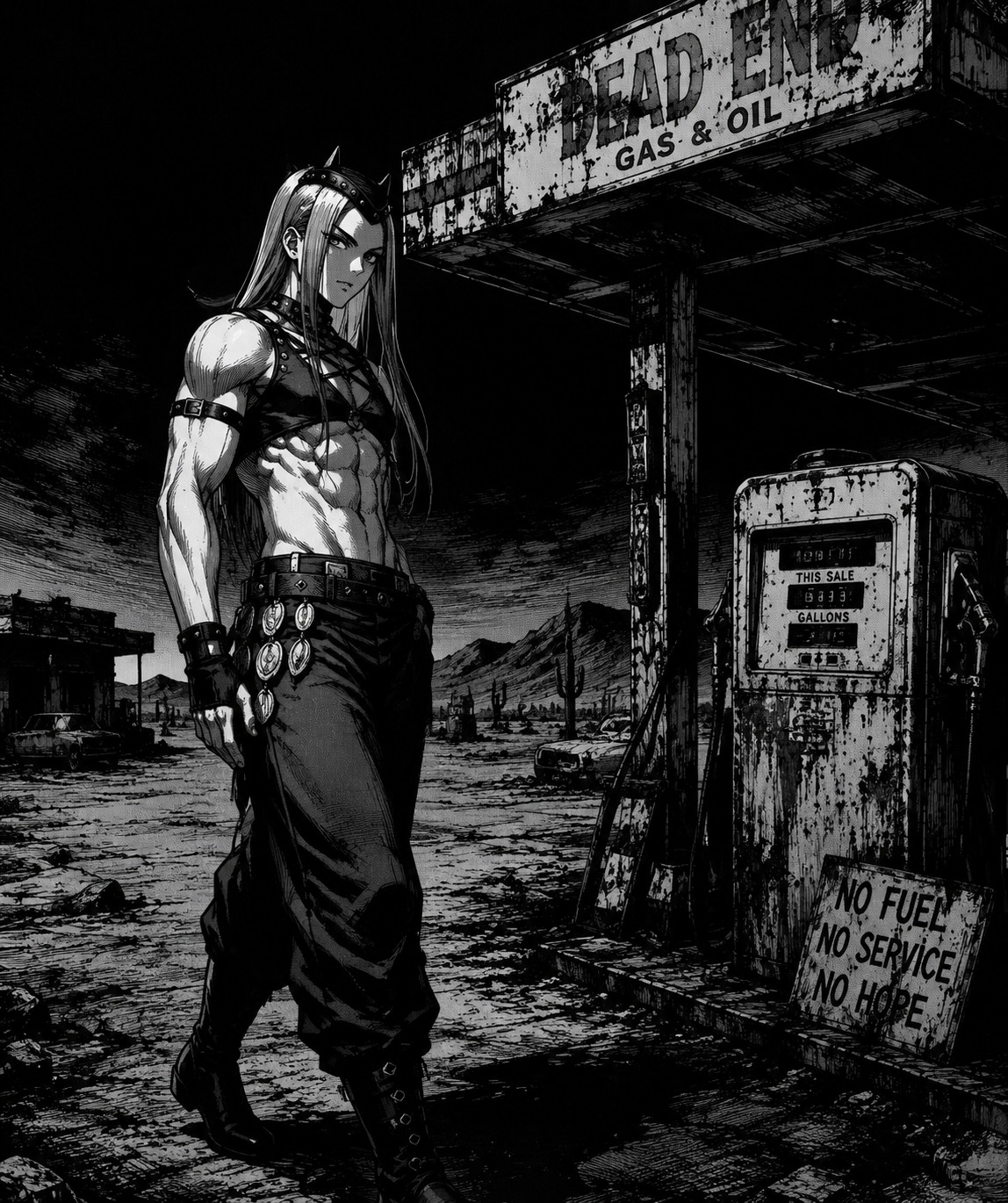 Stalking through shadows with a cold gaze At a desolate gas station in the desert (Gritty seinen manga, heavy ink lines)