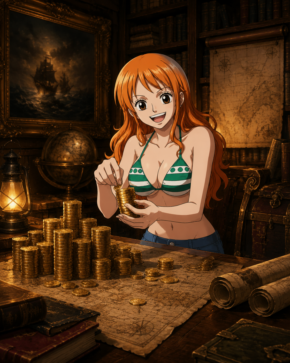 Counting a heavy stack of gold coins At a dimly lit library filled with maps (oil painting, rich textures and warm glow)